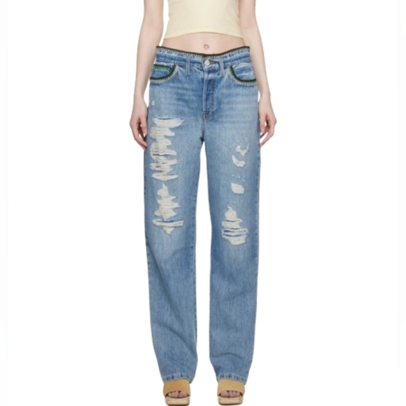 NWT Frame Julia Sarr Jamois With Crochet Jeans Size 31 Baggy Straight Distressed - Picture 1 of 16